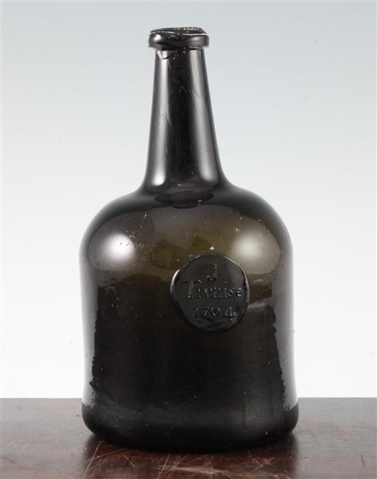 A George III sealed mallet shaped wine bottle, J.Trezise, 1764, 22cm